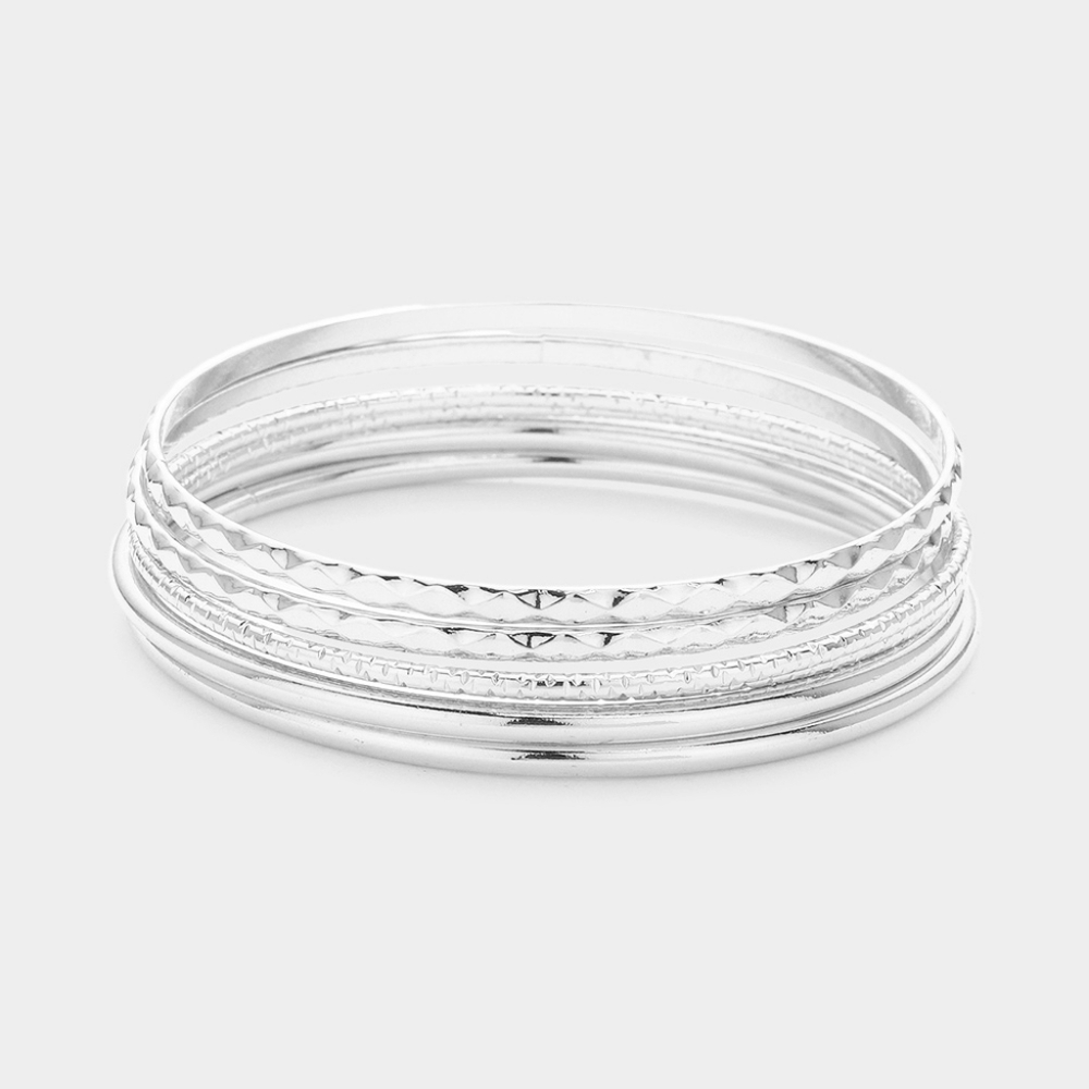 Silver 6 Piece Metal Bangle Bracelets Set Simple Casual Layered